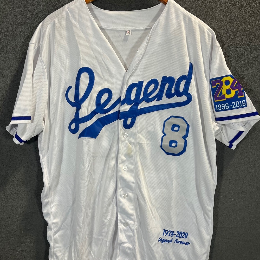 Kobe Bryant Legend Forever Baseball Jersey White Mens Large 8 24 Mamba Tribute - Picture 1 of 5